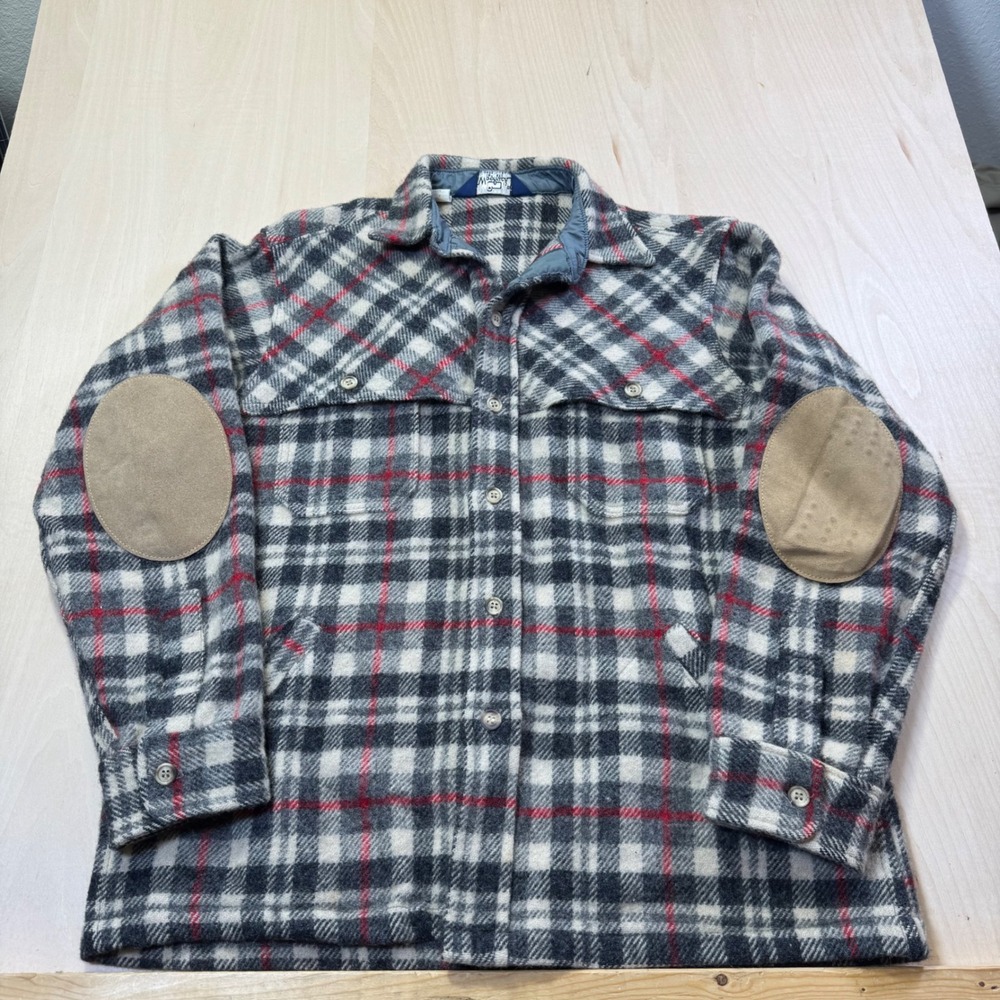 Woolrich Vintage Plaid Wool Blend Shirt Jacket Grey Red Elbow Patches‎ Size M